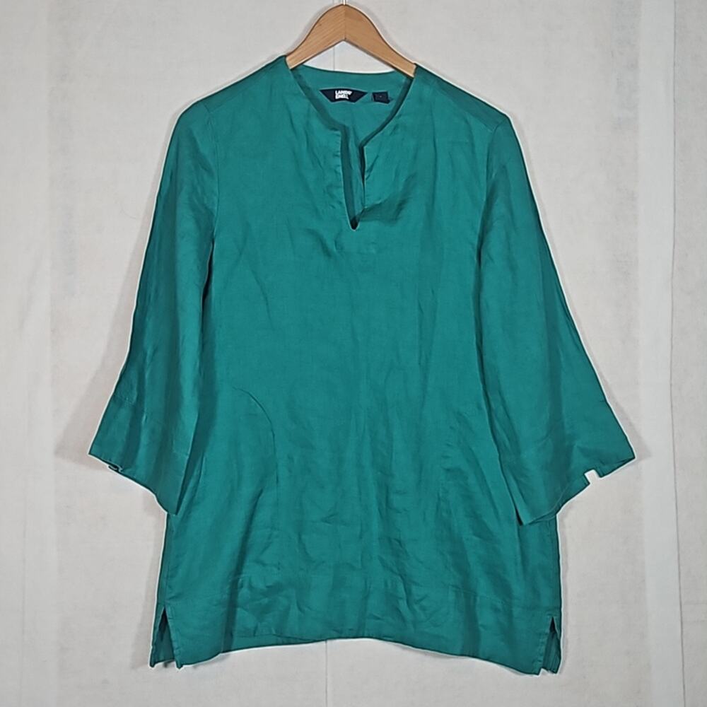 Lands' End Green Linen Blouse 3/4 Sleeves Lagenlook Tunic Top